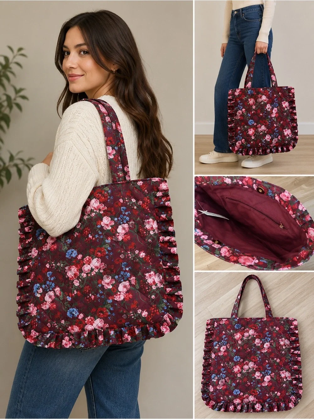 Anthropologie Floral Ruffle Tote Bag - Burgundy